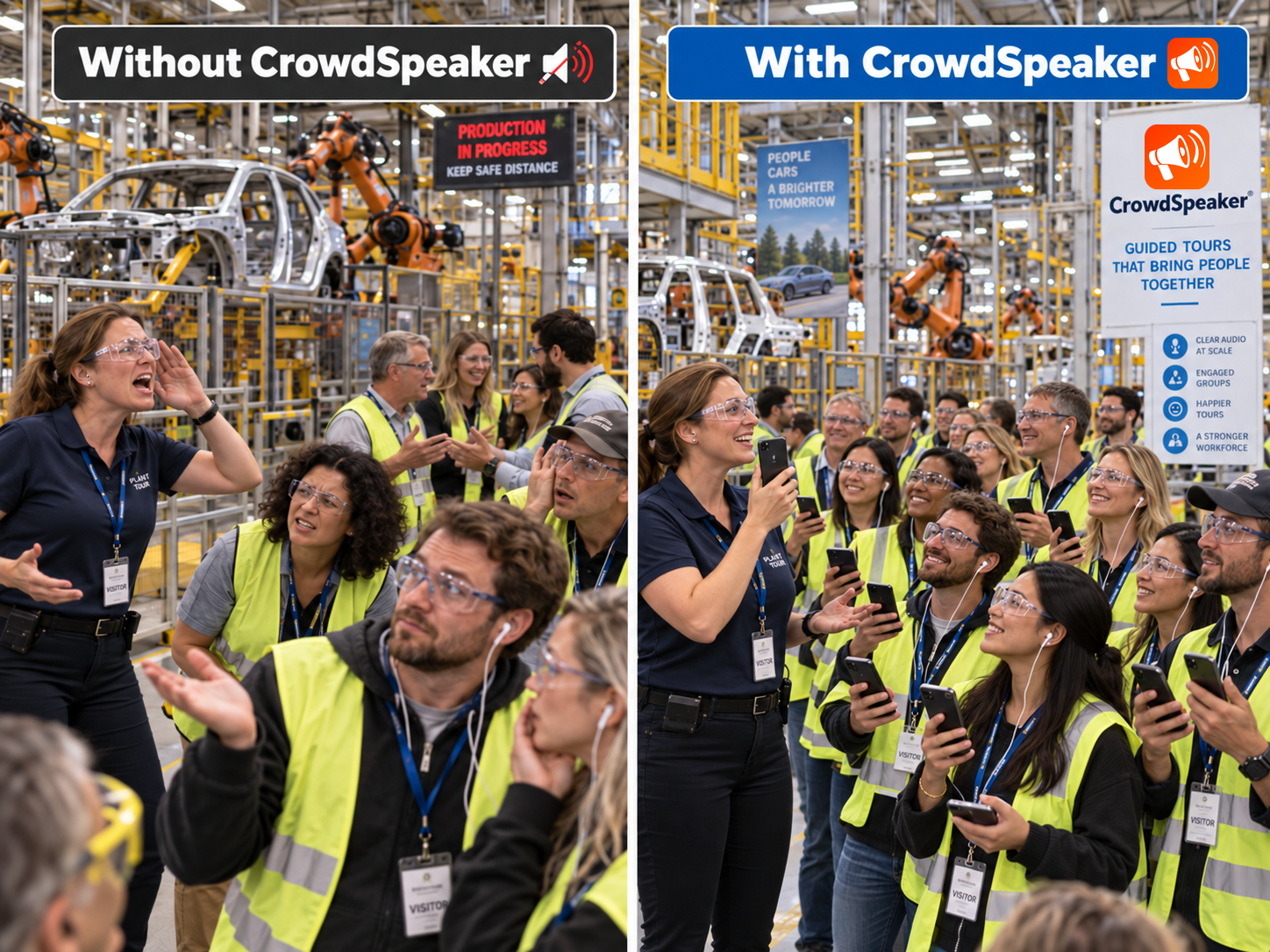 A factory tour without CrowdSpeaker, where visitors can't hear, next to one with CrowdSpeaker, where everyone listens on their phones
