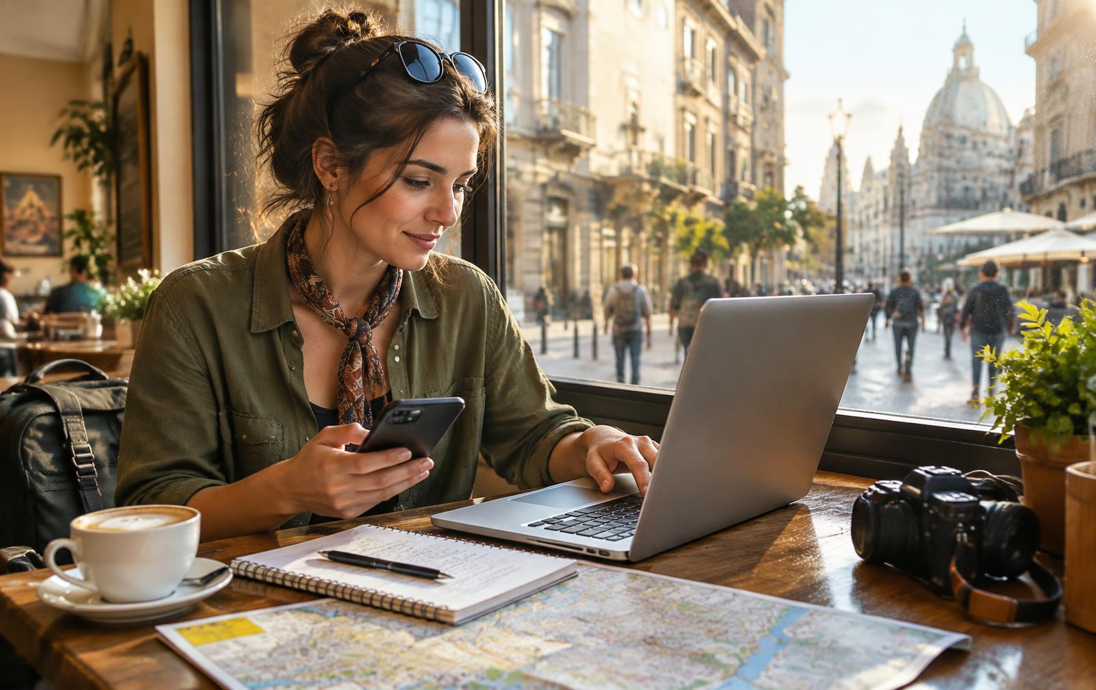 A tour guide at a cafe table planning her tours on a laptop and phone
